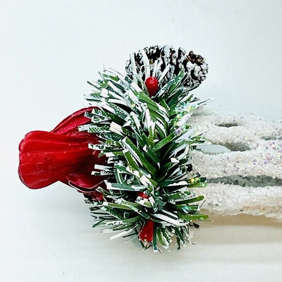 Vintage Christmas Ornament Cardinal In Pine Nest On White Glittered Icicle 6" - Picture 14 of 15